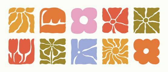 Wall Mural - abstract flowers in groovy retro style. modern floral illustration. vector square botanical icons in