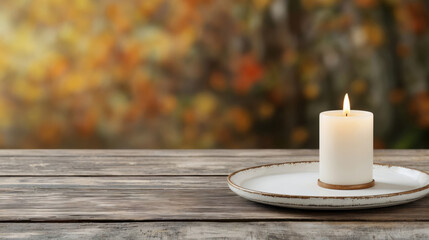 Poster - White candle burning on a plate on a wooden table with autumn background