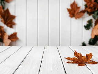 Poster - Empty white wooden table with autumn leaves background
