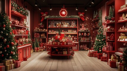 Christmas Decorated Red Shop Interior with Gifts, Trees, and Ornaments