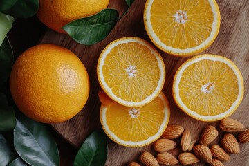 Fresh orange halves almonds on wooden background