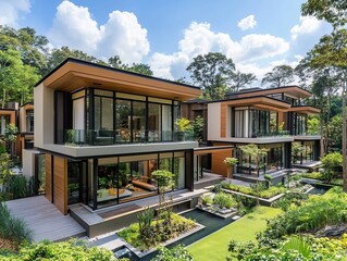 Modern luxury villas with green gardens and ponds.