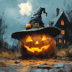 Large, illuminated jack-o'-lantern with a witch's hat sits in a spooky landscape, creating a festive halloween atmosphere