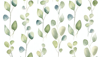 Watercolor eucalyptus leaves, a simple and clean pattern design, on a white background.