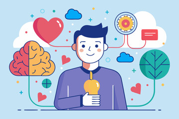 Man connecting heart emotions with human brain in flat design vector art illustration 