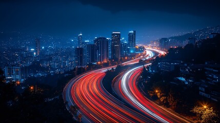 Nighttime view of a city with a highway with red and white lights, illuminated buildings, and a dark sky.