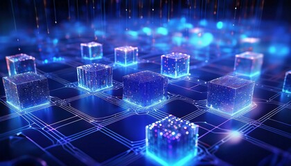 Aufkleber - Blockchain Network. Futuristic metaverse and blockchain technology network concept with digital cube blocks in glowing style on black background