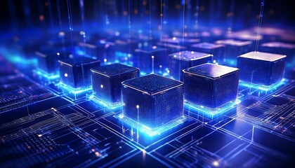 Aufkleber - Blockchain Network. Futuristic metaverse and blockchain technology network concept with digital cube blocks in glowing style on black background