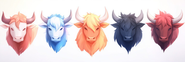 Wall Mural - Five cartoon bull heads in different colors.