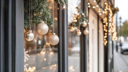 Sticker - A store front with christmas decorations hanging from the windows