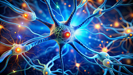 Poster - The artwork captures a vibrant neural network with illuminated synapses, illustrating the dynamic communication between neurons. This depiction highlights their intricate connections