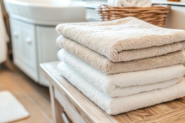 Freshly laundered fluffy towels in cozy bathroom interior