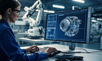 A female engineer works on a computer designing a complex machinery part in a factory setting.