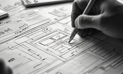 A hand draws a website design on paper with a pen.