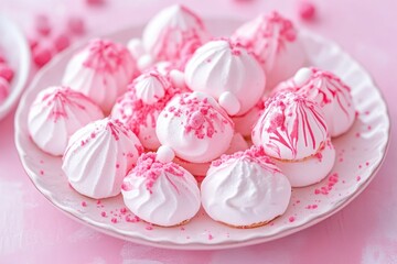 Pink meringue kisses on white plate