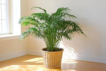 Wall Mural - Sunlit corner with potted parlor palm plant in cozy room