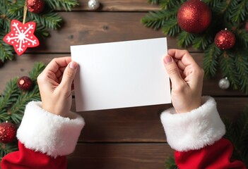 Top view of Santa's hands holding a blank card mockup on wooden background with Christmas decorations - Mockup