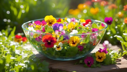 Wall Mural - Vibrant edible flower salad presented in a bright, sunlit garden ambiance