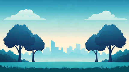 Poster - Silhouettes of trees against a city skyline in a blue and green color palette.