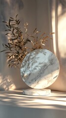 Modern marble object highlighted by round mirror accent photos