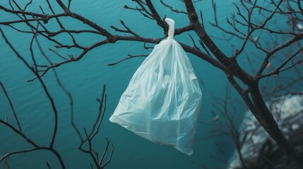 Wall Mural - A White Plastic Bag Hanging from a Branch Over Teal Water