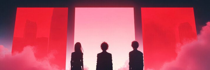 Poster - Three silhouetted figures stand before a pink and red futuristic city.