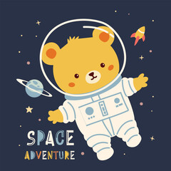 Wall Mural - Flat vector illustration in children's style. Cute bear cub in spacesuit flying in space, stars and planets. Adventure Space Inscription . Vector illustration