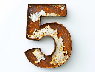 A rusty metal number five on a white background