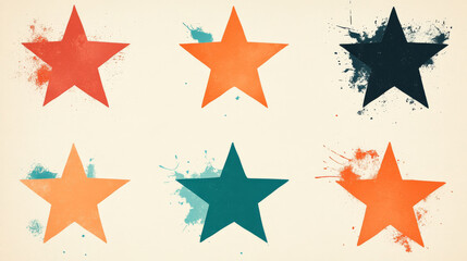 Canvas Print - Six colorful stars on a white background with splattered paint.