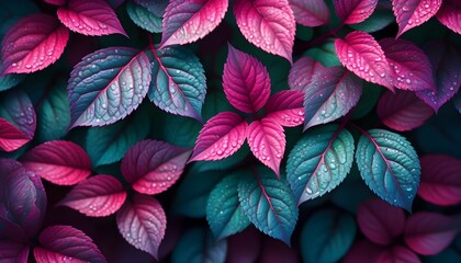 Poster - Vibrant Texture of Dew-Kissed Red Leaves Celebrating Natures Freshness