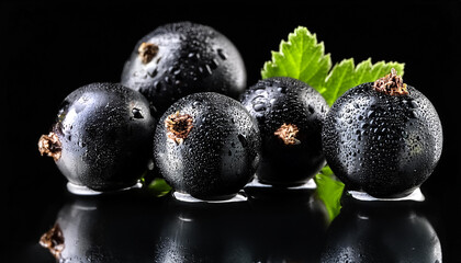 Close-up of fresh blackcurrant with water droplets on a solid black background