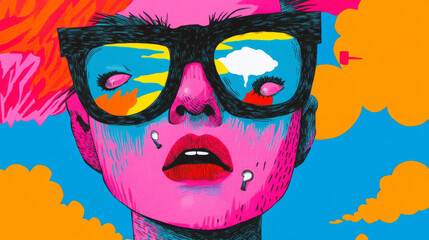 Canvas Print - A colorful illustration of a woman wearing sunglasses, looking up at the clouds.