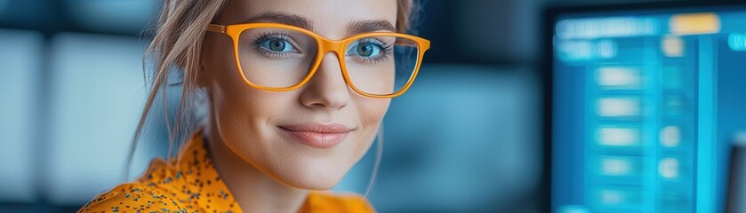 young woman with blonde hair and glasses smiles confidently at camera, showcasing her vibrant personality in modern office environment