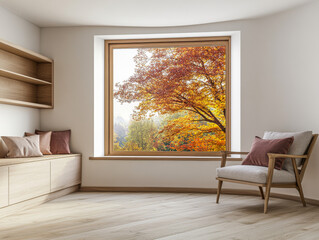 Cozy room with a view of vibrant autumn trees through a large window in soft daylight