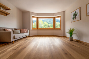 Modern living room with large windows overlooking a serene natural landscape in daylight