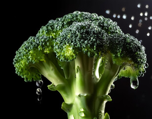 Close-up of fresh broccoli with water droplets on a solid black background