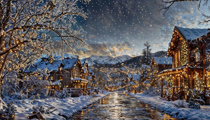 Beautiful winter landscape in the mountains. The village is decorated with Christmas decorations.