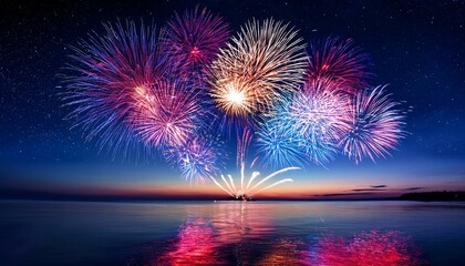 fireworks night sky on lake, new years celebration party background