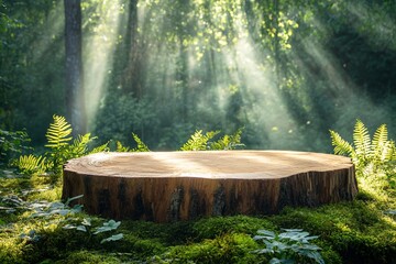 Wall Mural - a tree stump covered in moss sits in a lush, green forest with sunlight streaming through the trees.