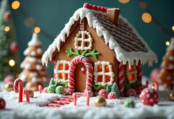 Wall Mural - A detailed Christmas gingerbread house adorned with icing, candy canes, gumdrops, and chocolate roof tiles, set in a snowy landscape filled with festive decorations