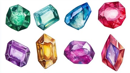 Poster - A colorful collection of gemstones including emerald, sapphire, and ruby displayed from various angles on a white background