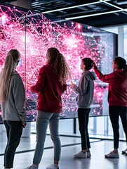 Poster - Quantum-powered learning environment featuring a group of students collaborating on complex quantum problems using holographic displays. The design offers copy space.