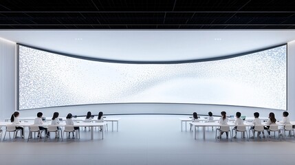 Poster - A futuristic quantum-powered classroom where students explore advanced physics concepts through augmented reality simulations, with ample copy space.