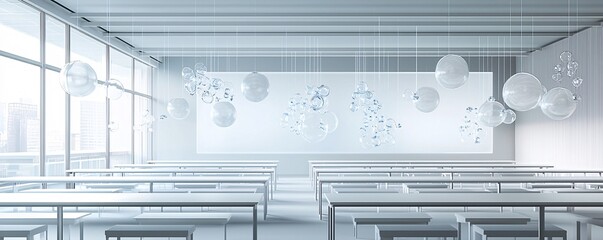 Poster - A futuristic classroom where students explore quantum physics through augmented reality, interacting with floating atomic models. Copy space is provided for text.