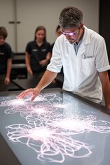 Poster - A teacher explaining quantum physics through augmented reality displays, where students interact with floating holographic models. Ample copy space provided.