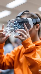 Poster - Students in an augmented classroom exploring quantum mechanics through holographic models of atoms and particles, with ample space for copy.