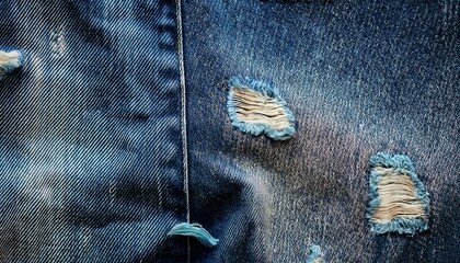 Poster - Close-up of a Frayed Tear in Worn Denim Fabric, Revealing White Threads Beneath. Detailed Texture of Distressed Blue Jeans with a Ripped Hole, Symbolizing Wear and Age in Fashion or Textile Material