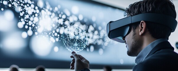 Poster - A group of students interacting with augmented reality displays showing quantum particles and atomic structures, in a clean and spacious classroom with significant copy space.