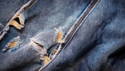 Poster - Close-up of a Frayed Tear in Worn Denim Fabric, Revealing White Threads Beneath. Detailed Texture of Distressed Blue Jeans with a Ripped Hole, Symbolizing Wear and Age in Fashion or Textile Material