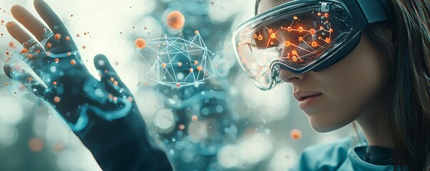 Poster - a teacher guiding students through a quantum physics lesson in an augmented reality classroom, where